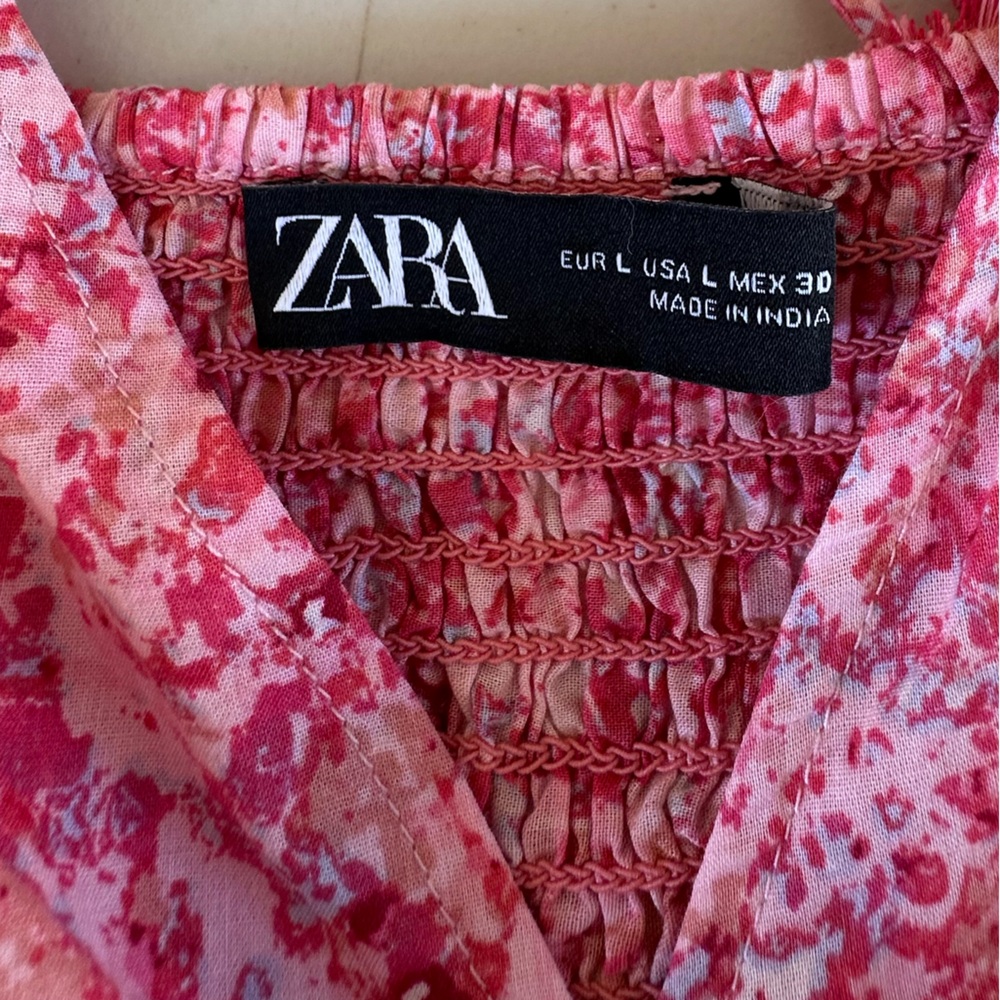 ZARA WOMENS FLORAL SUMMER V NECK BACKLESS DRESS IN PINK SIZE: LARGE 100% COTTON - Picture 10 of 13